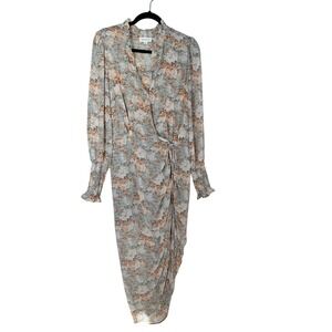 Mable Floral Print Wrap Midi Dress Women L Ruffle Neck Long Sleeve Tie Waist